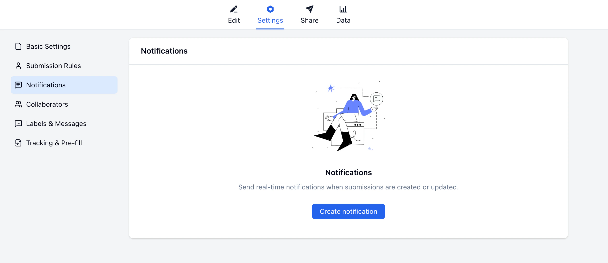 Notifications page empty state showing Create notification button