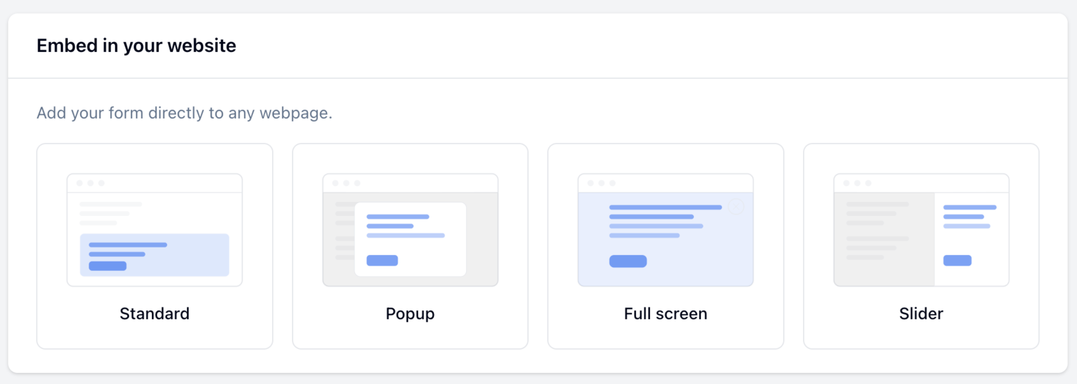 FormHug embed types: Standard, Popup, Full screen, Slider