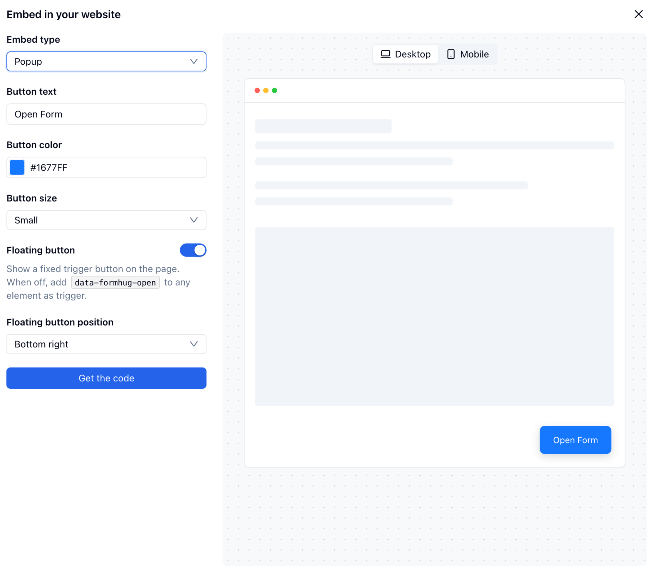 Popup embed showing floating trigger button and overlay form