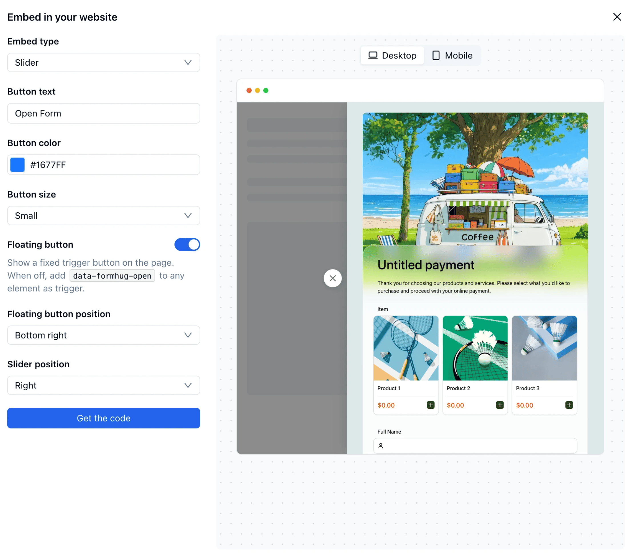 Slider embed showing form sliding in from the right side of the page