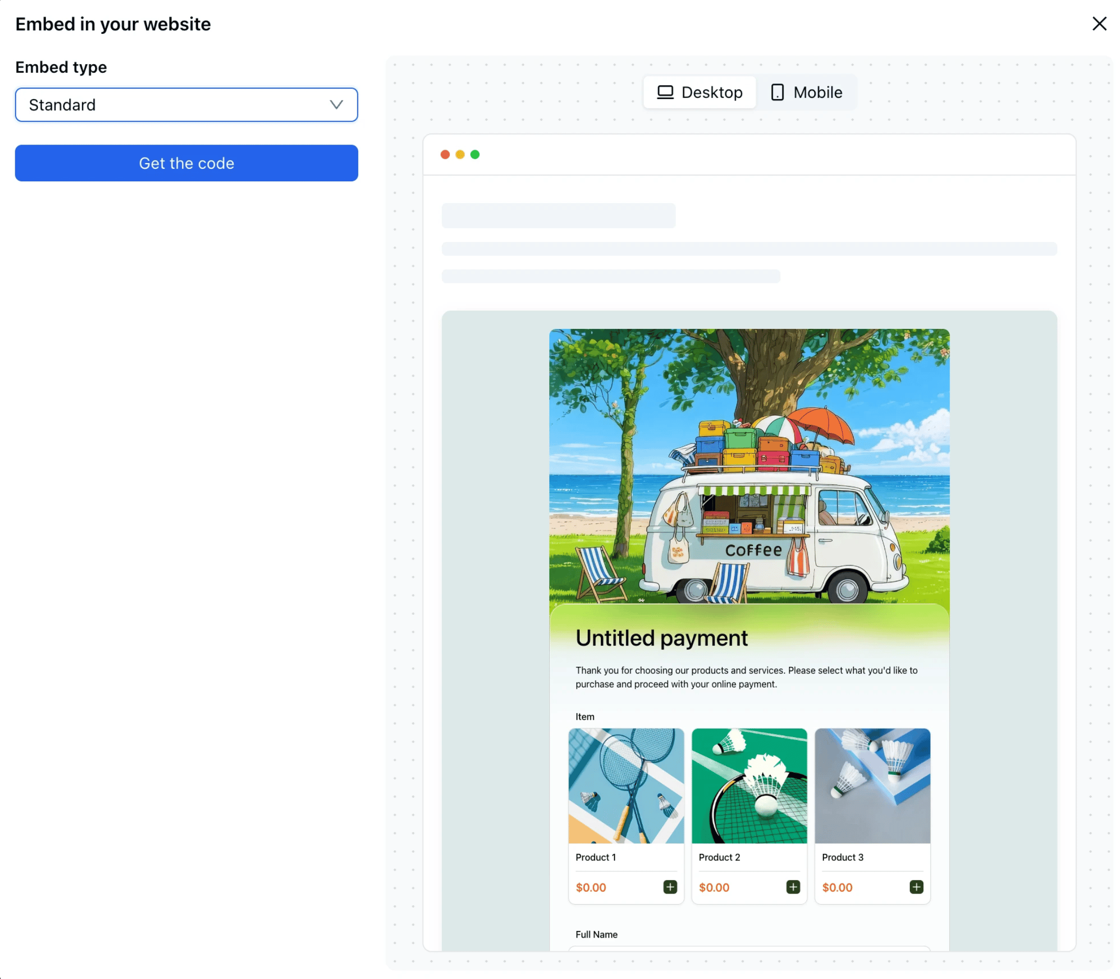 Standard embed type showing form inline within the page
