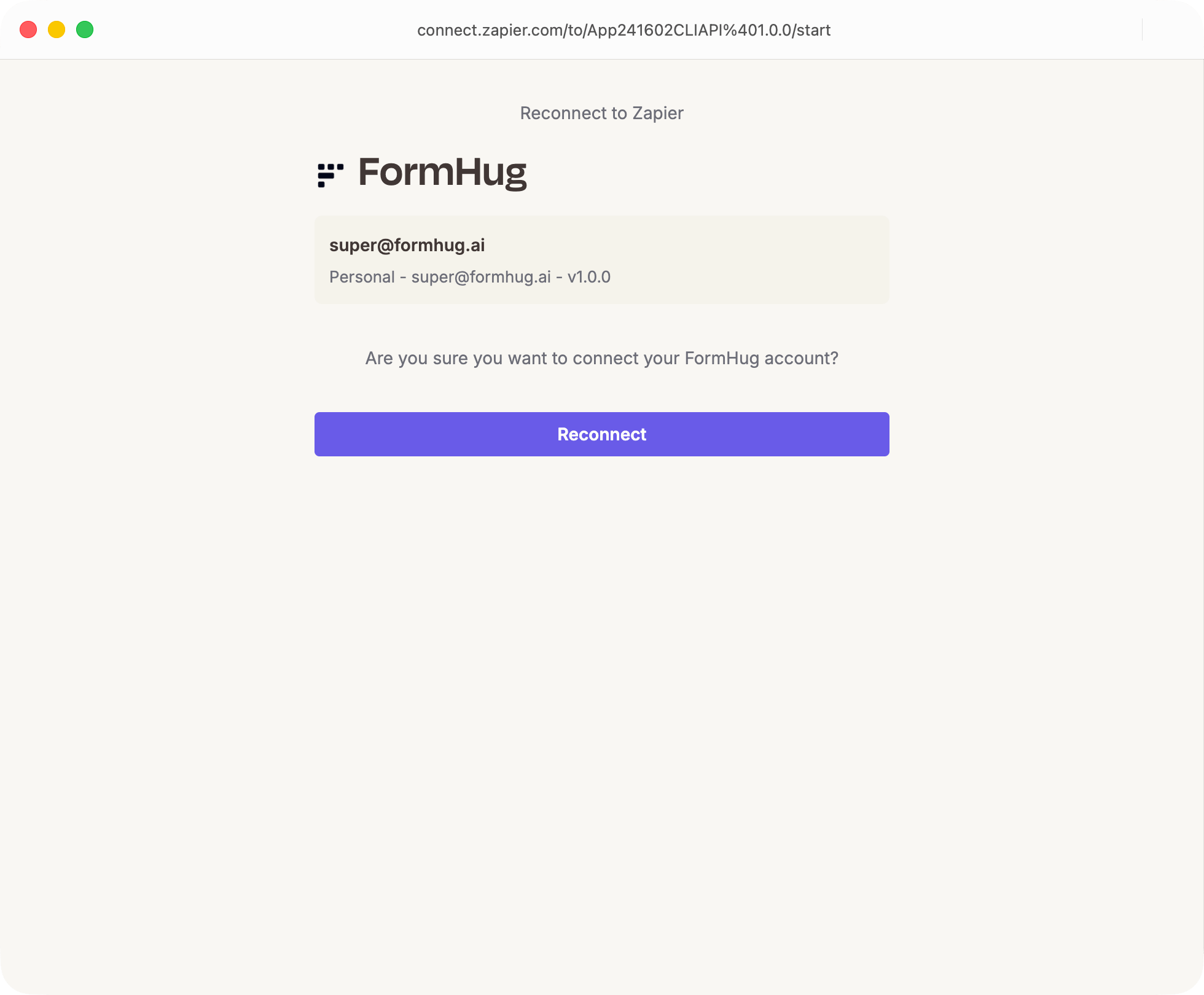 Zapier screen asking to connect a FormHug account