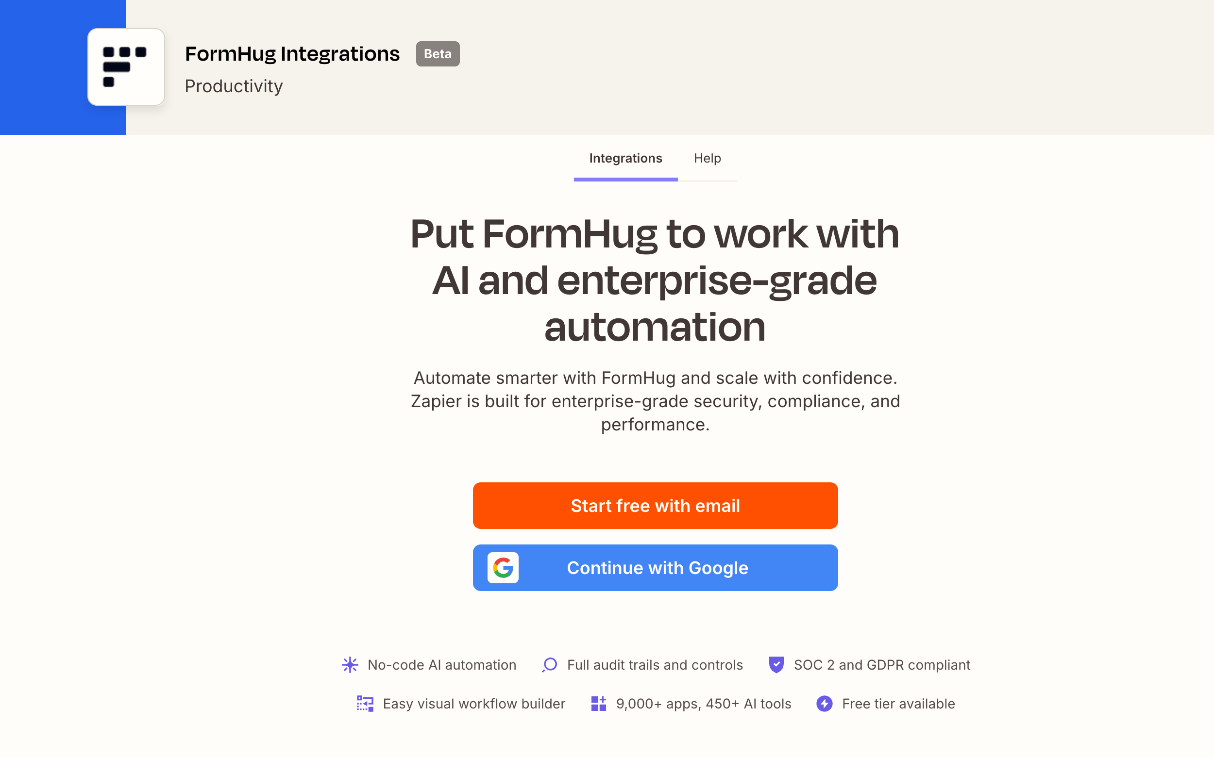 Zapier FormHug integrations page with sign in options