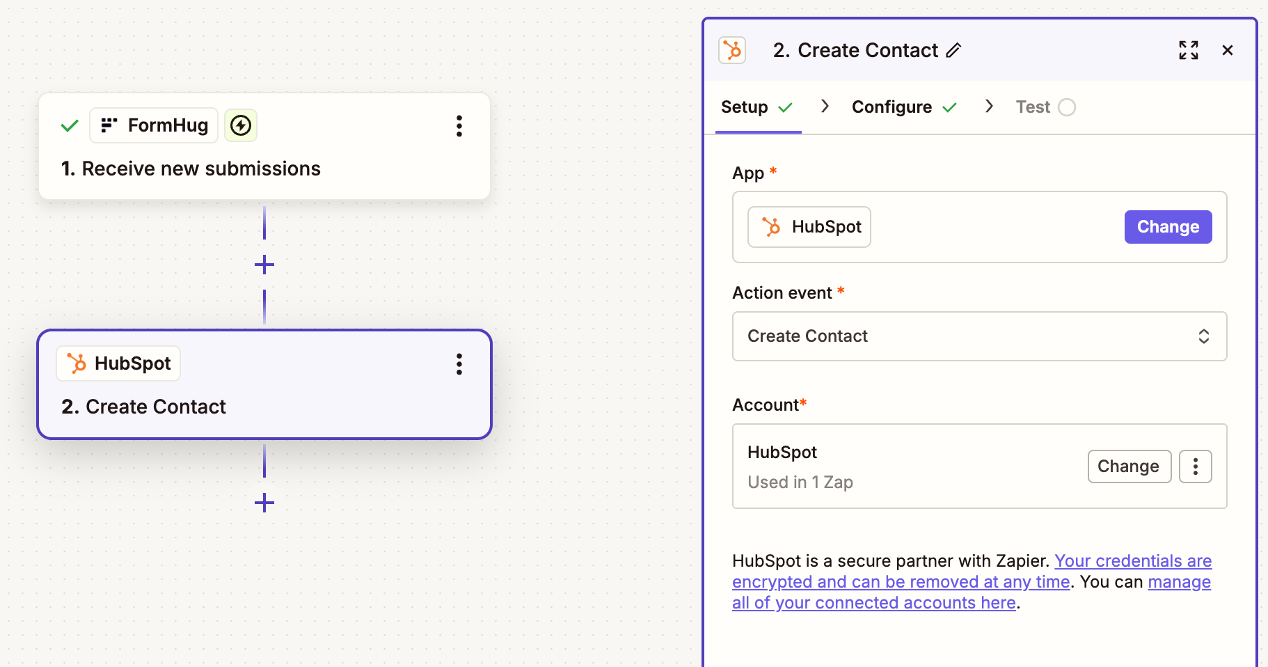 Zapier editor showing HubSpot Create Contact as the action step