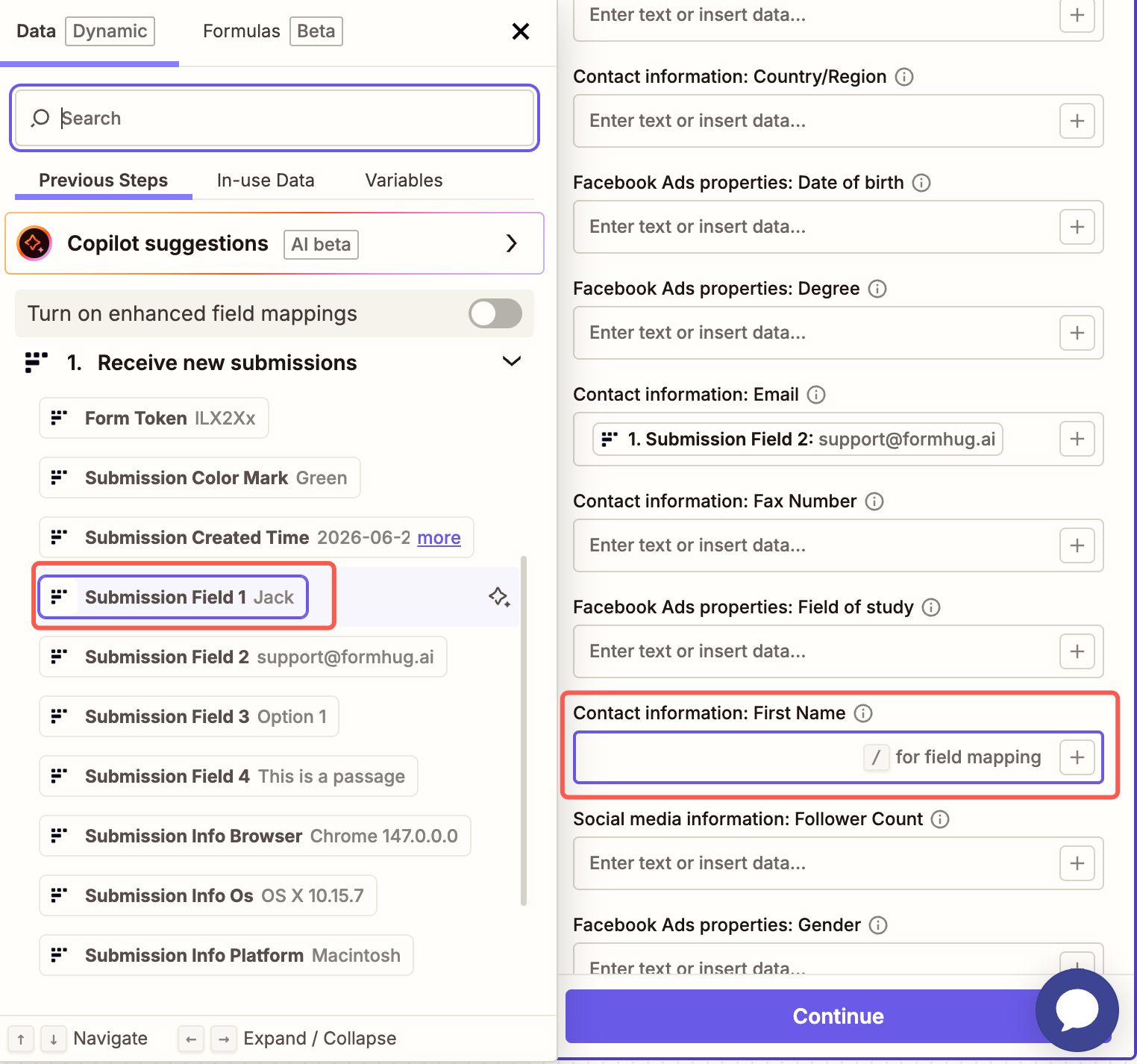 Zapier field mapping screen showing FormHug submission fields mapped into HubSpot contact fields