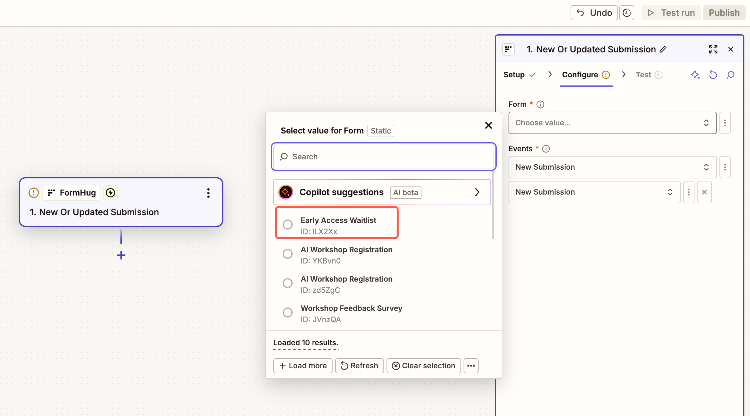 Zapier trigger configuration showing a selected FormHug form and New Submission event