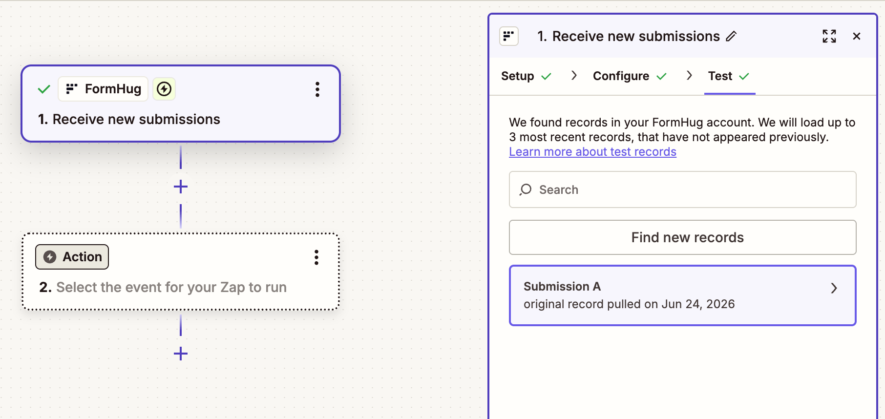 Zapier test step showing a sample FormHug submission record