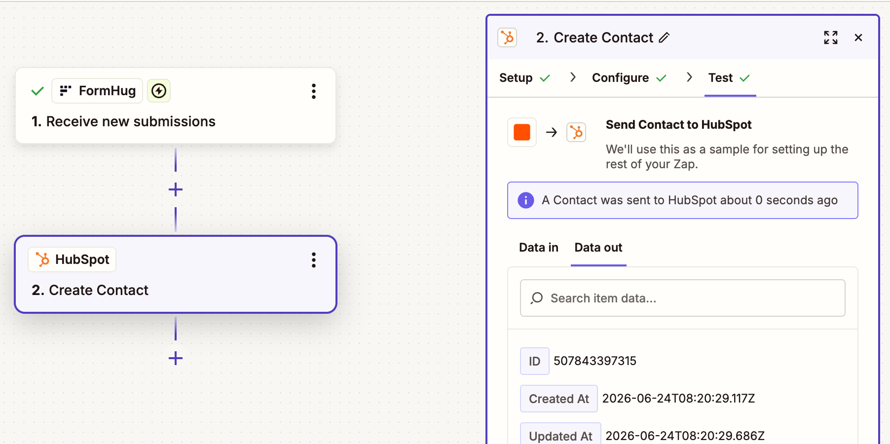 Zapier test screen showing a contact sent to HubSpot successfully