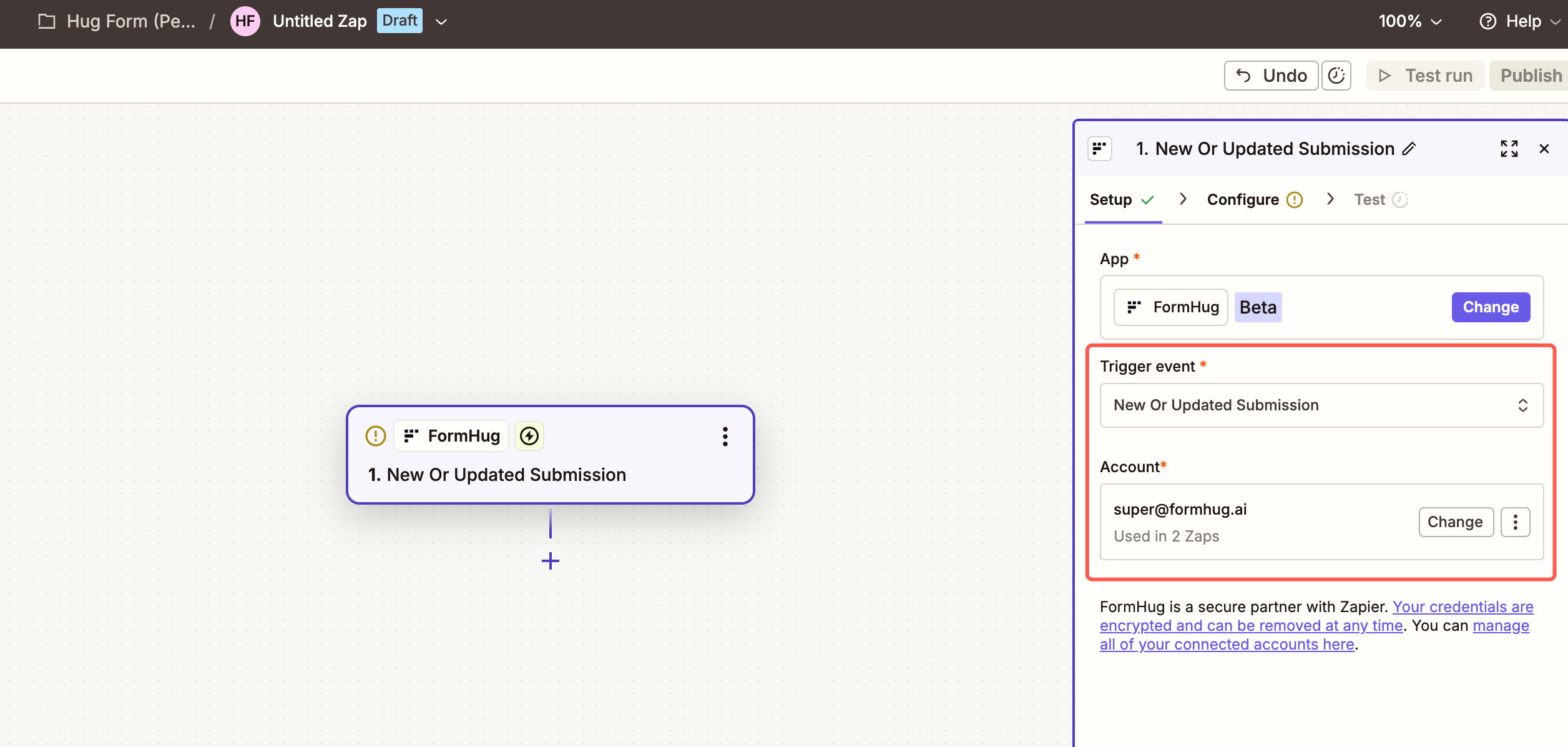 Zapier editor showing FormHug as the trigger app and New Or Updated Submission as the trigger event