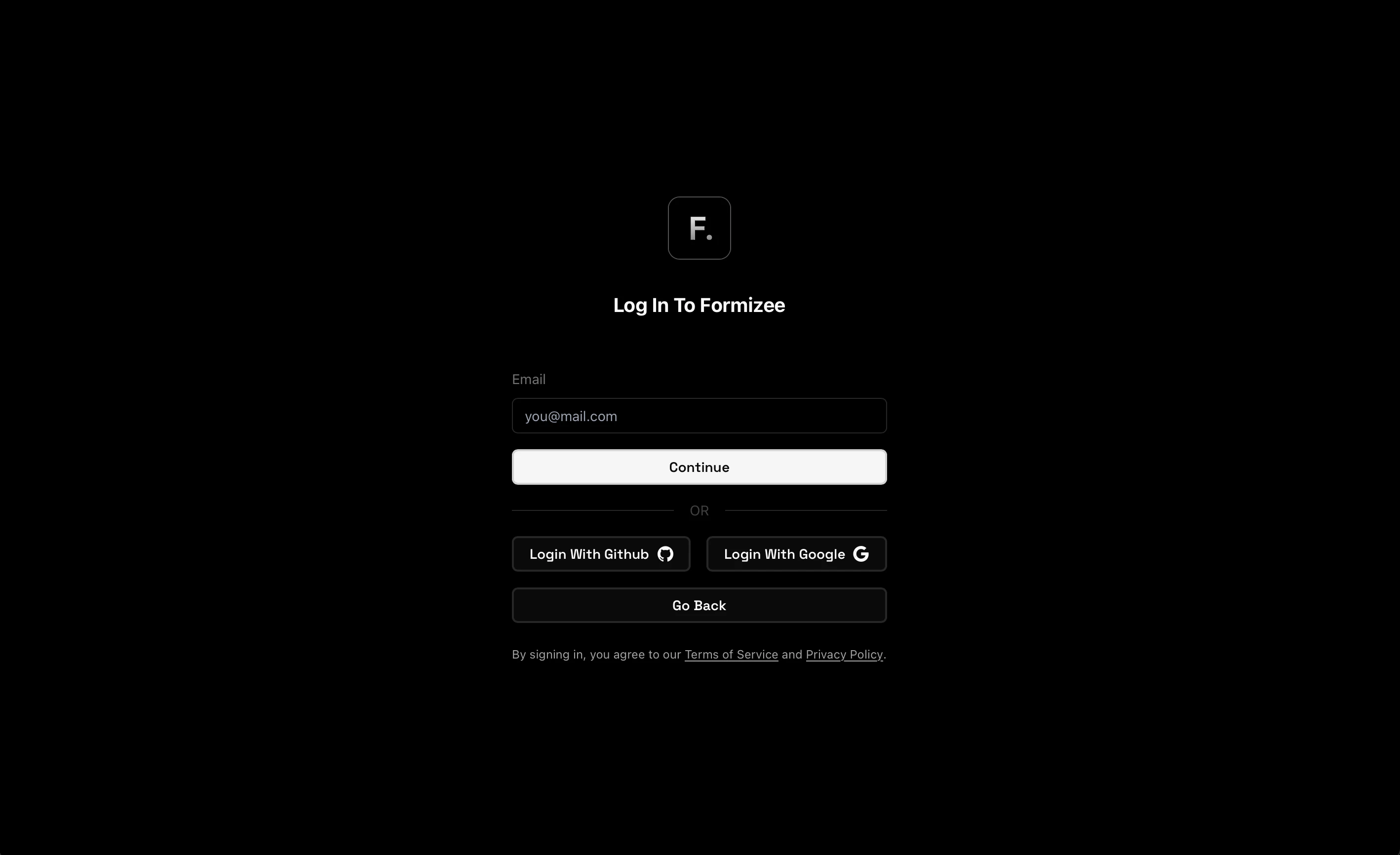 Signup Page for Formizee