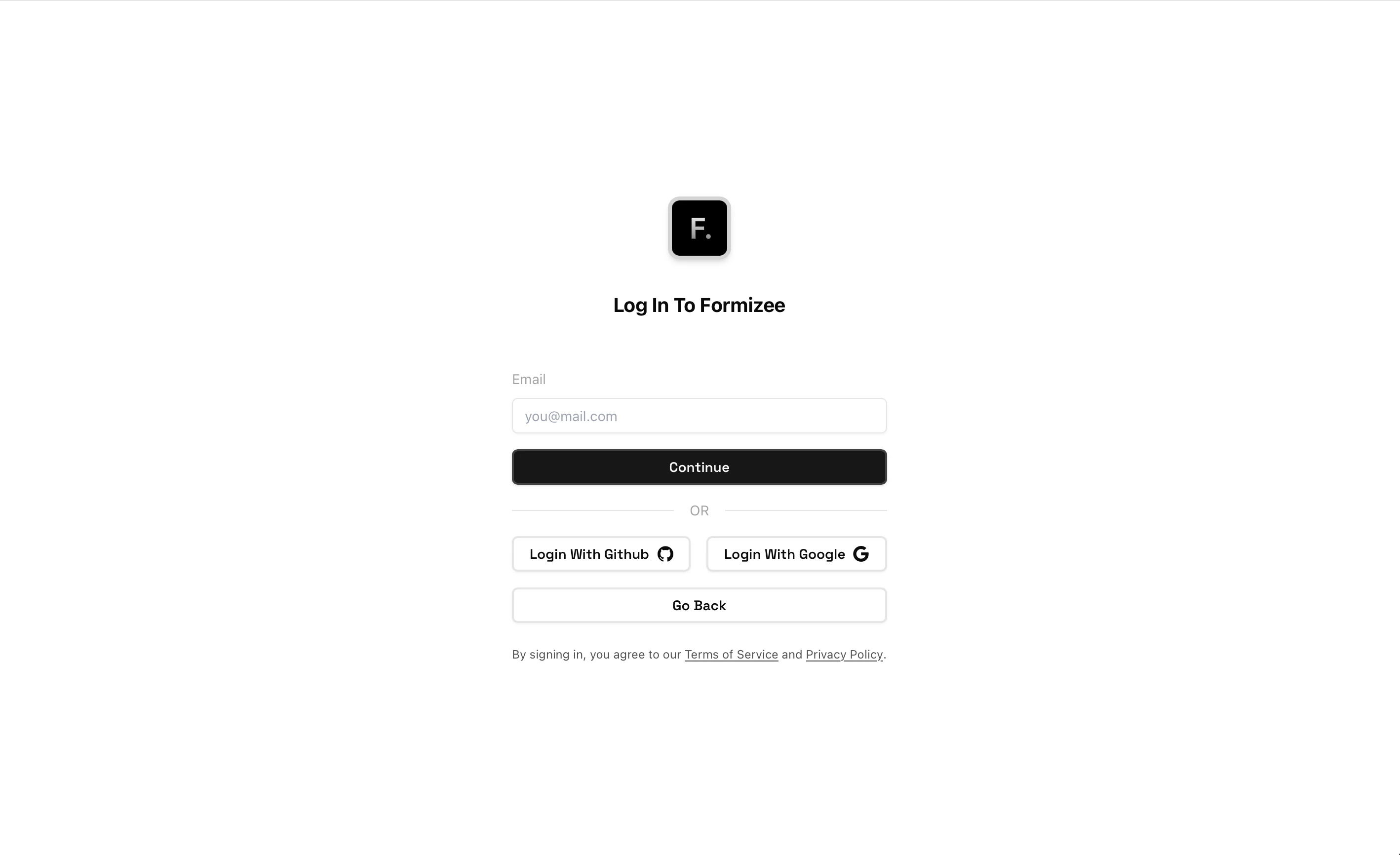 Signup Page for Formizee