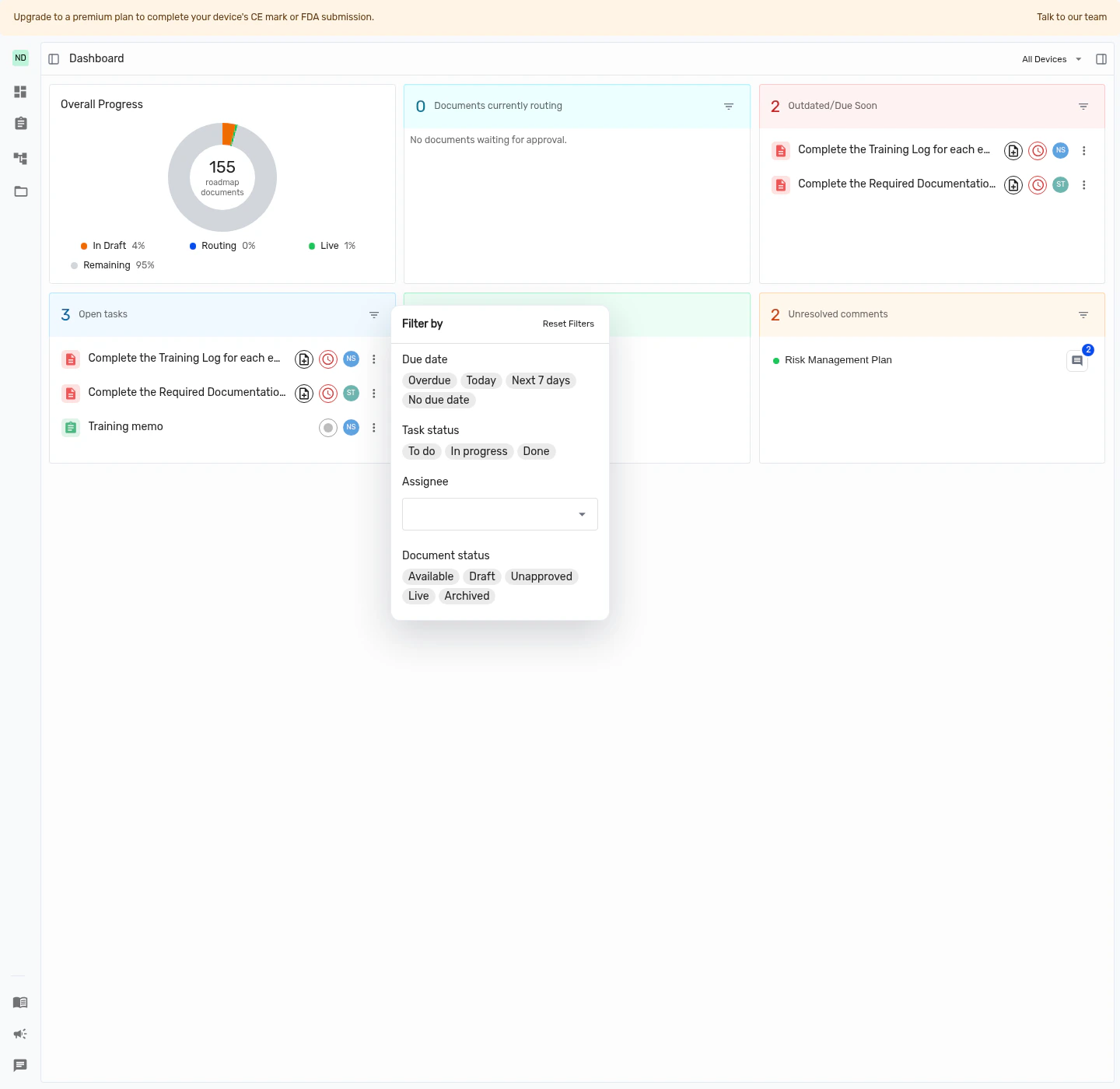 Open Tasks card with the dashboard filter menu expanded.