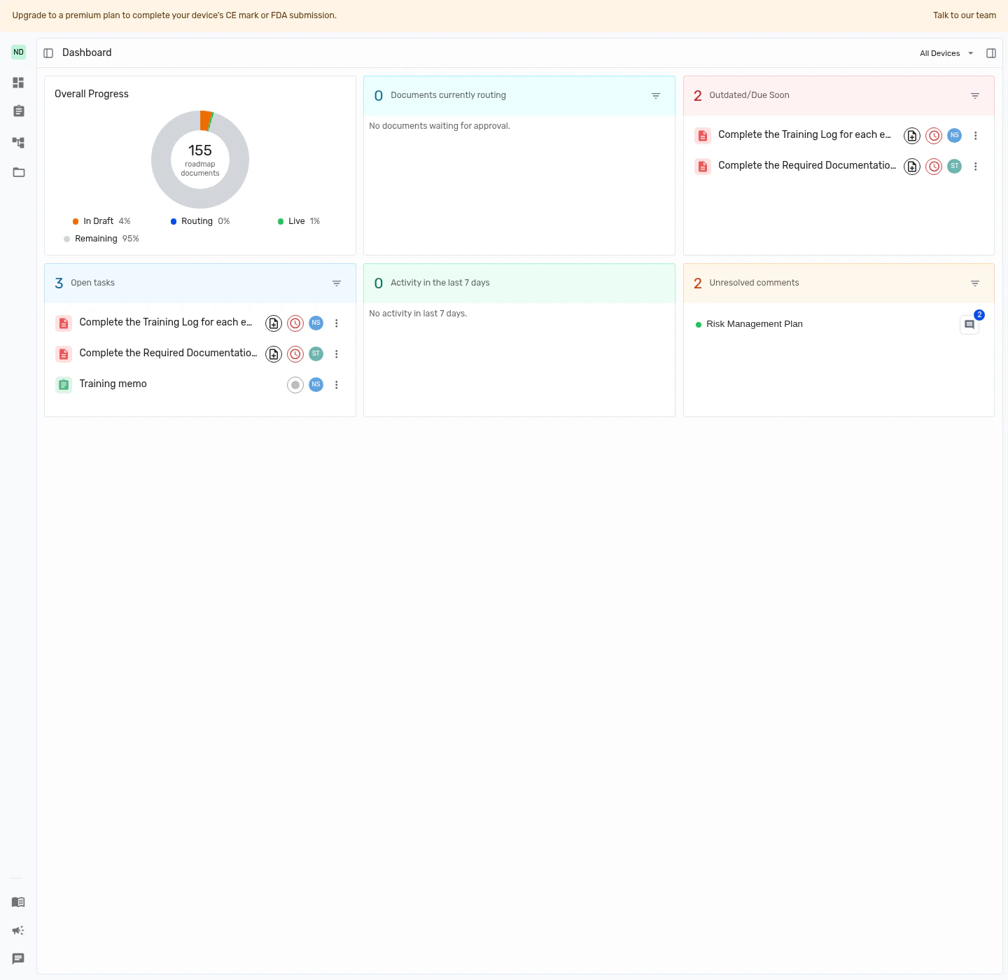 Dashboard overview with the device selector, overall progress heading, and dashboard cards visible.
