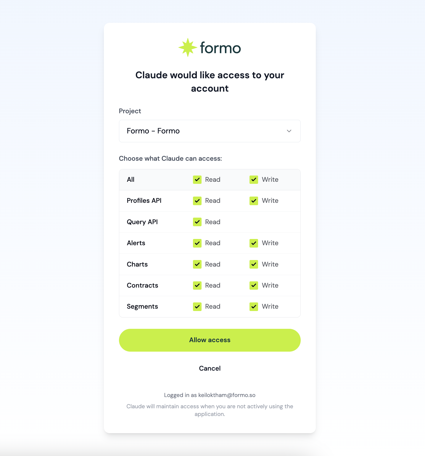 Formo OAuth consent page for MCP clients