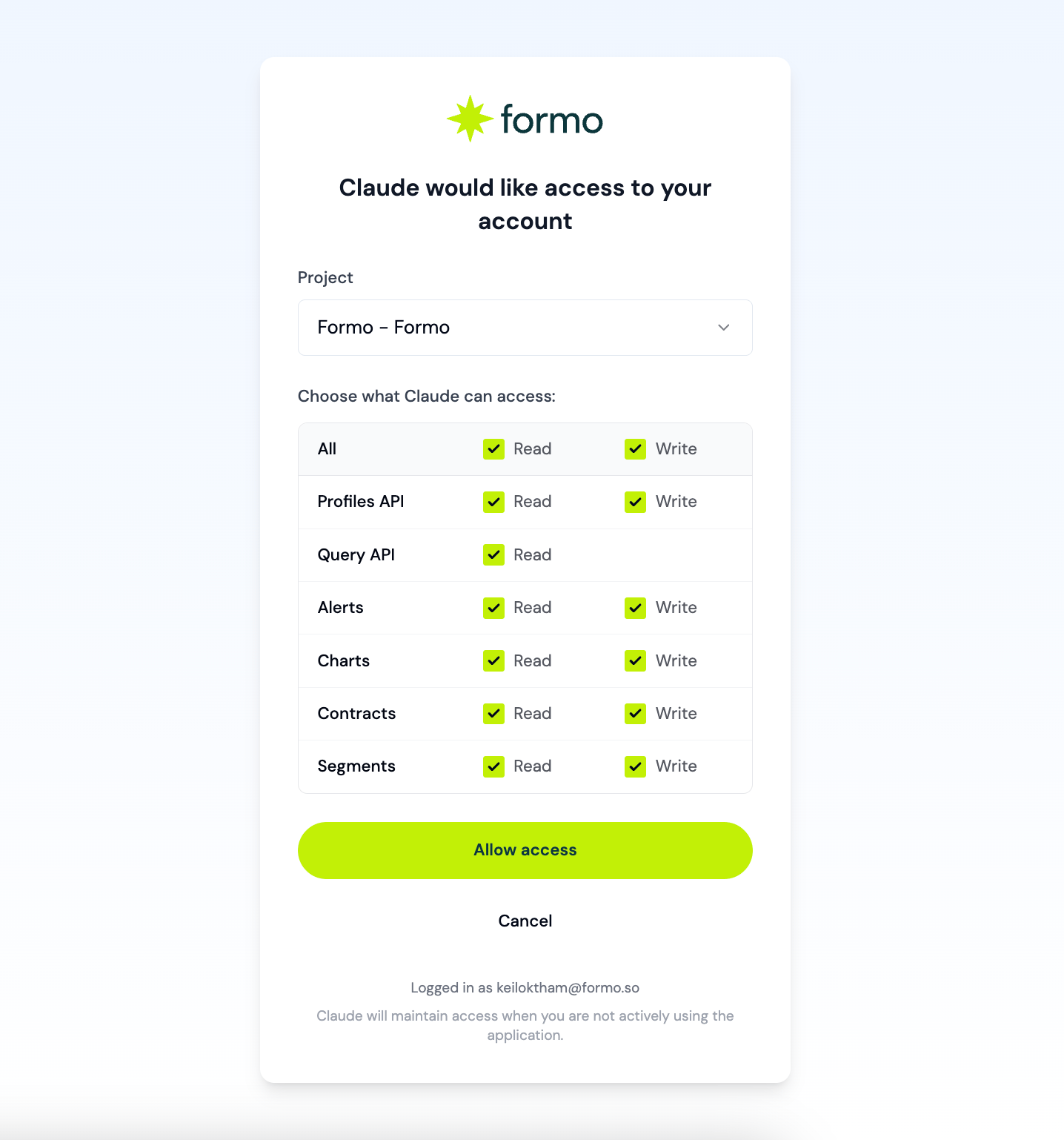 Formo OAuth consent page for MCP clients
