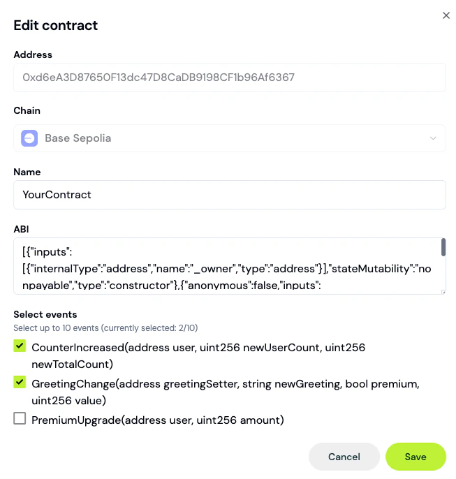 Contract settings page showing list of tracked contracts and add button