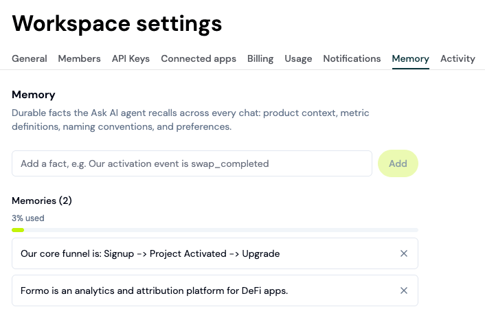 Ask AI memory settings