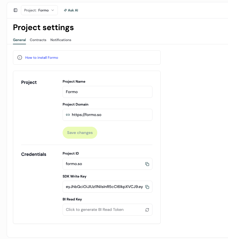 Tokens in project settings page