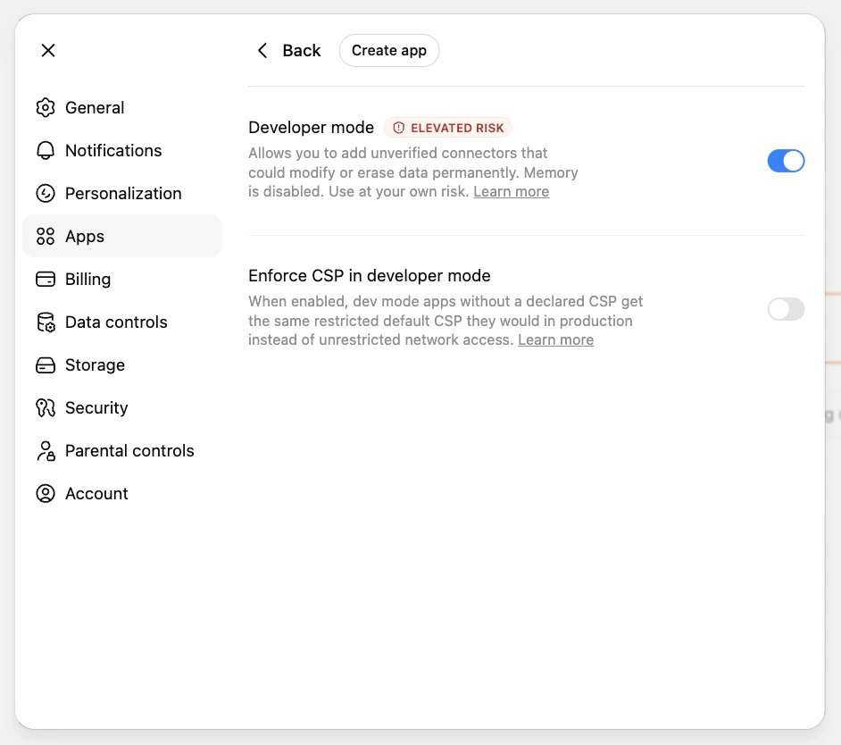 Enable Developer mode in ChatGPT app settings
