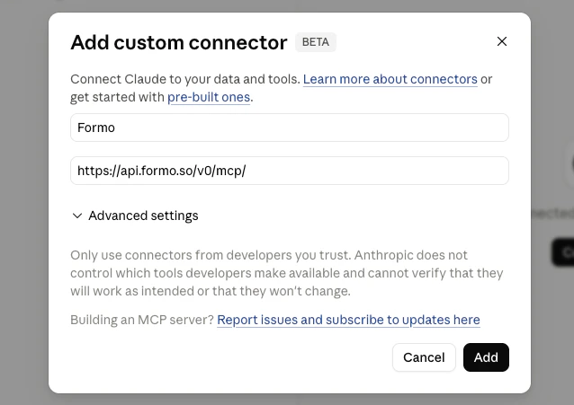 Add Formo as a custom connector in Claude.ai