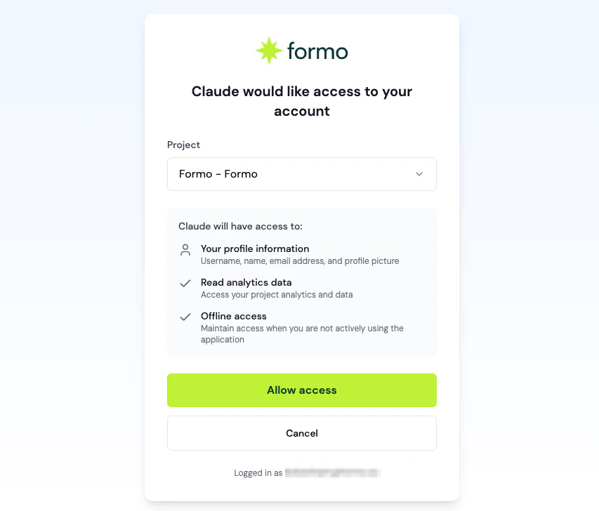 Formo OAuth consent page for MCP clients