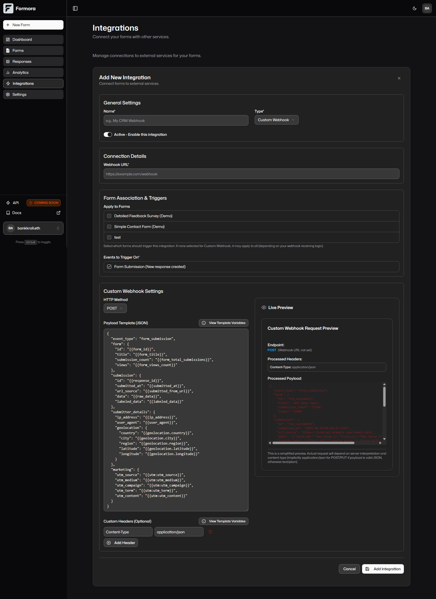 Formora Custom Webhook Builder UI showing HTTP Method, Headers, and Payload fields.
