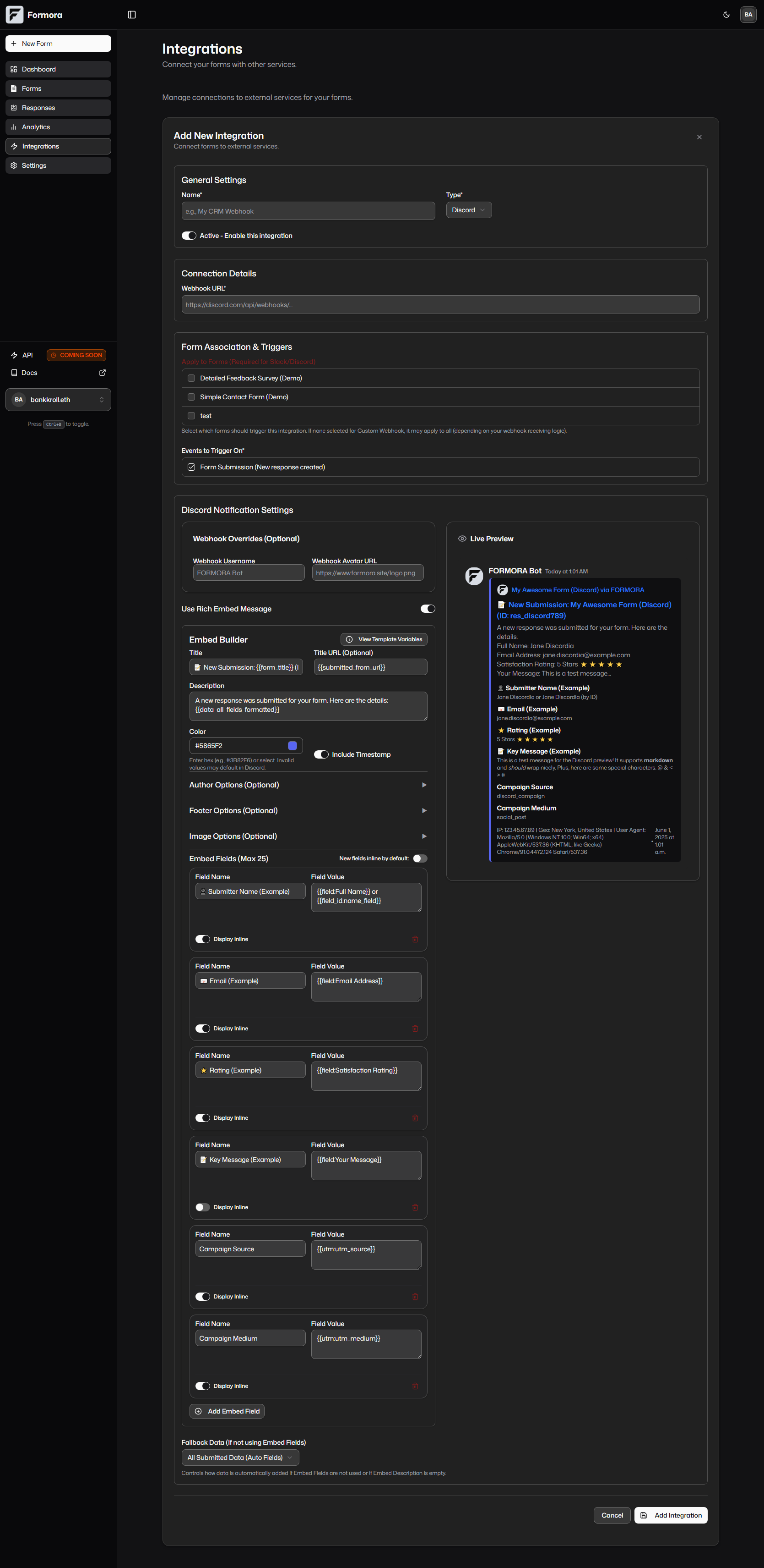 Formora Custom Webhook Builder UI showing HTTP Method, Headers, and Payload fields.