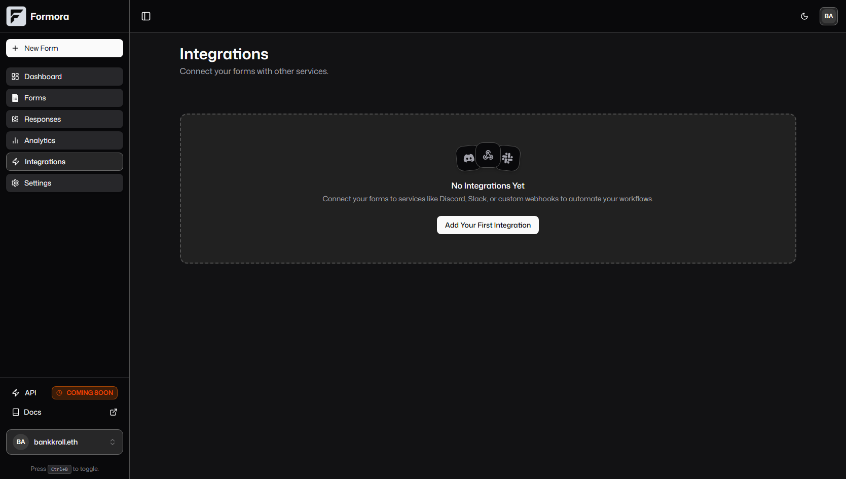 Mockup of the Integrations page in Formora, listing various connectable apps.