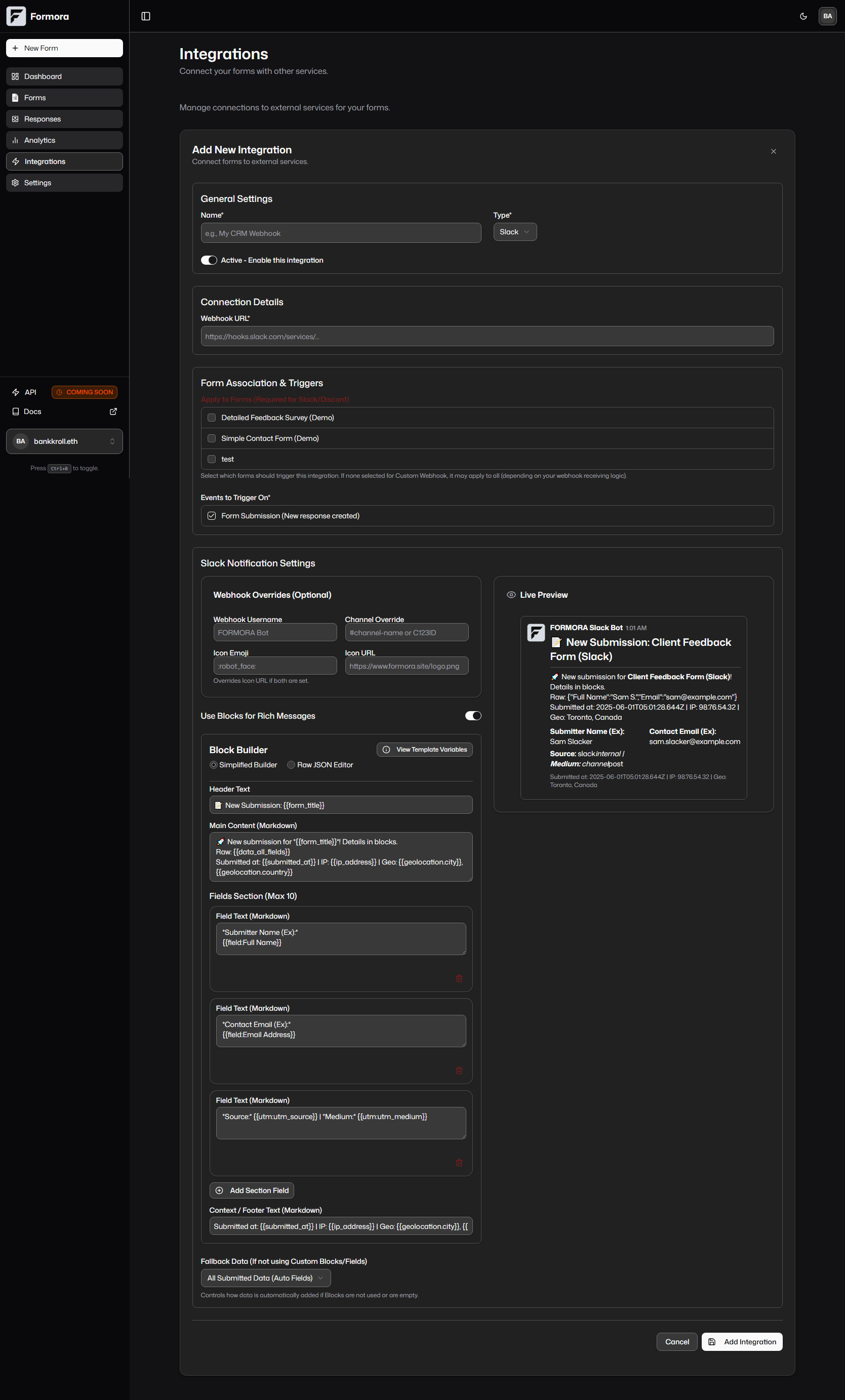 Formora Custom Webhook Builder UI showing HTTP Method, Headers, and Payload fields.