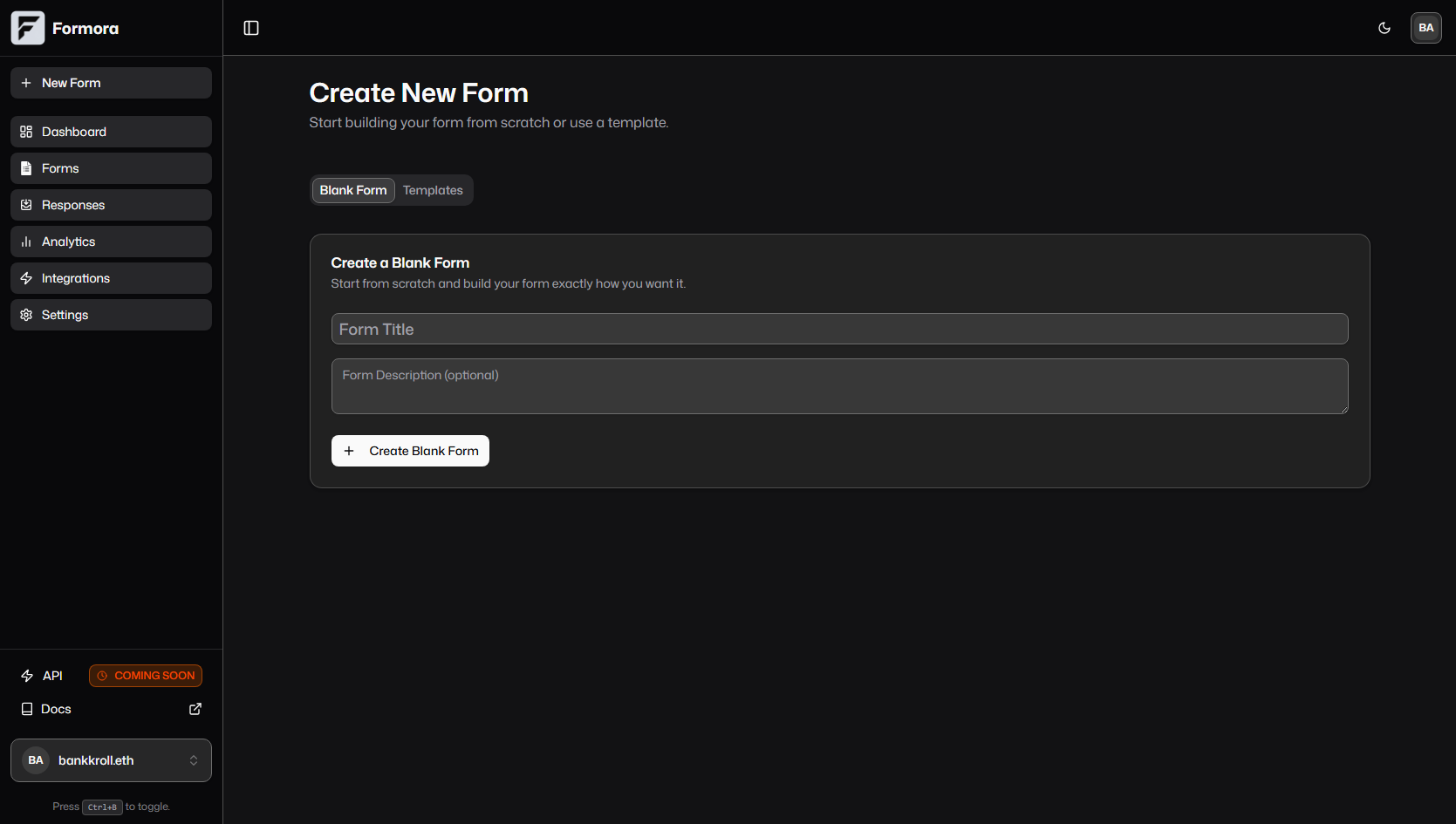 New Form Options Screenshot