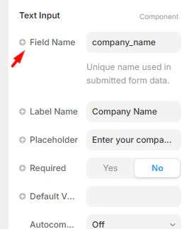 Framer field properties panel showing the Field Name input set to company_name