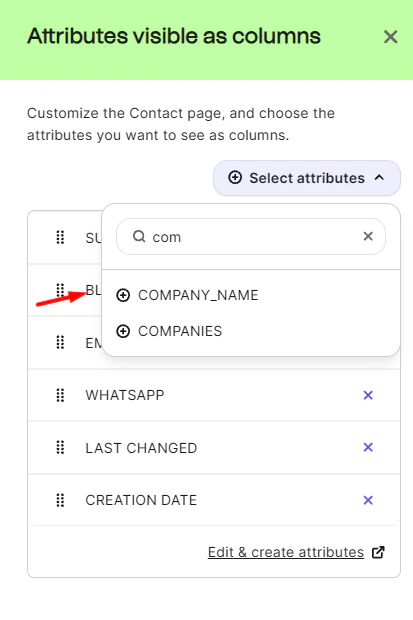Brevo Attributes visible as columns modal with Select attributes dropdown showing COMPANY_NAME