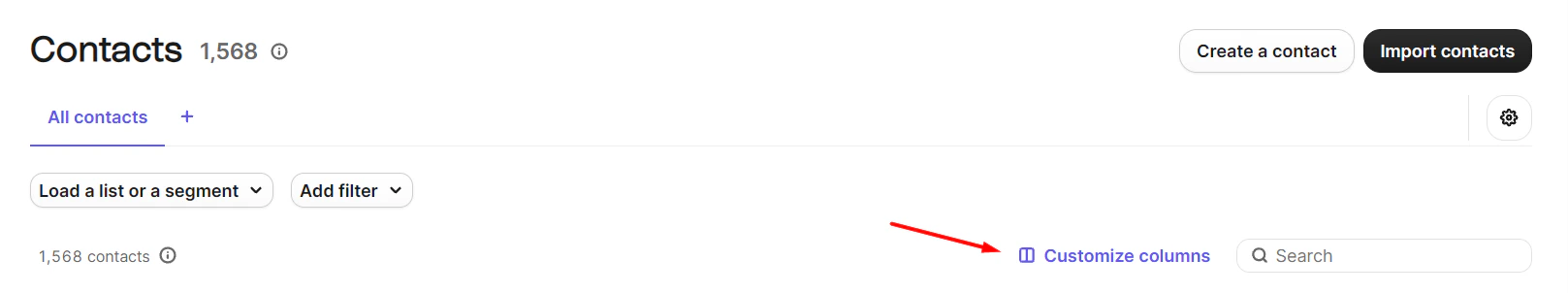 Brevo Contacts page with arrow pointing to the Customize columns button