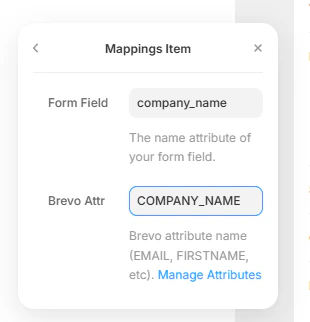 Forms Plugin Mappings modal mapping the form field company_name to Brevo attribute COMPANY_NAME