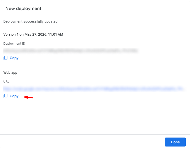 Deployment success modal showing the Web app URL with a Copy button highlighted below it