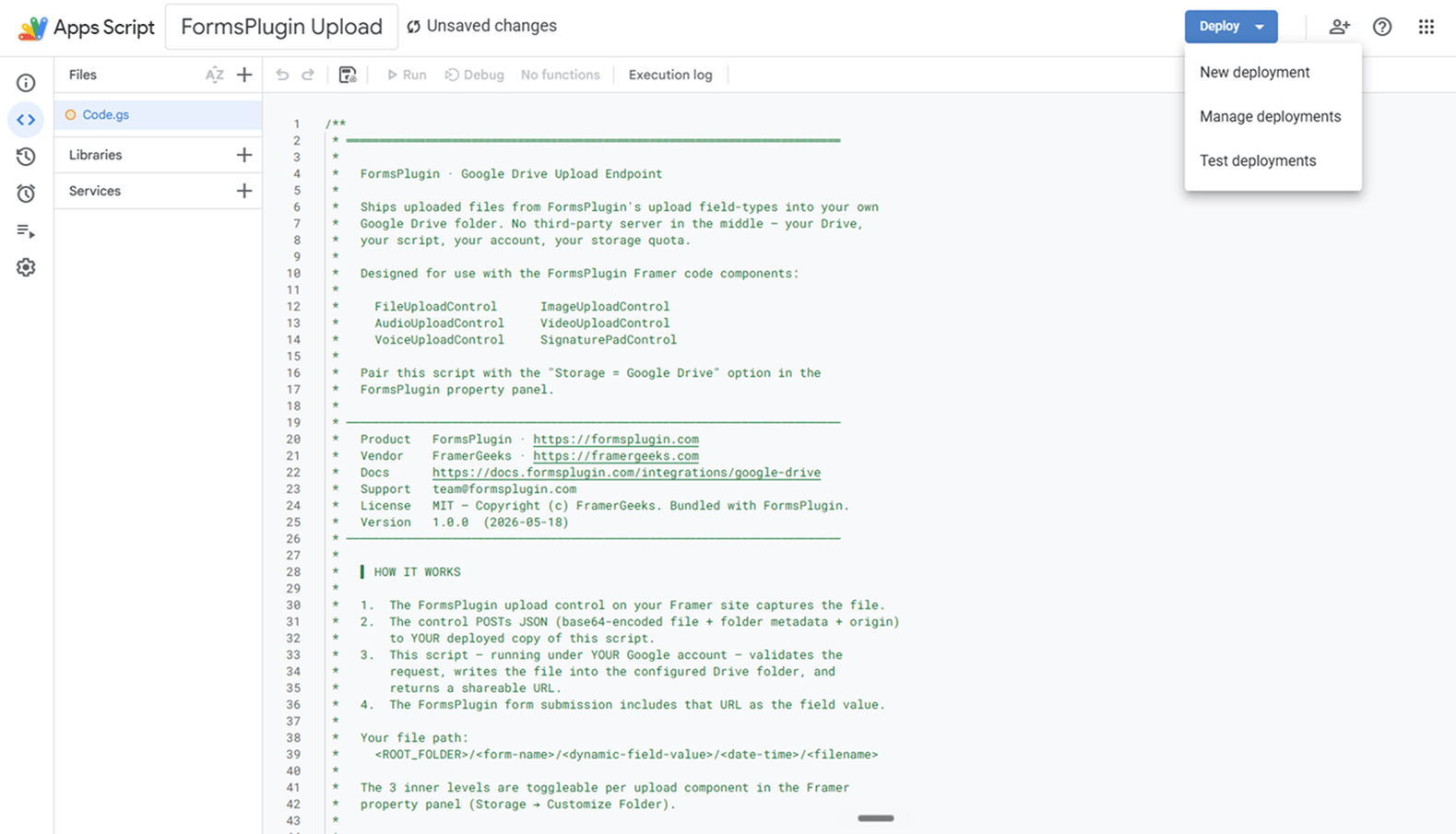 Apps Script editor with the Deploy dropdown menu open, showing New deployment, Manage deployments, and Test deployments options