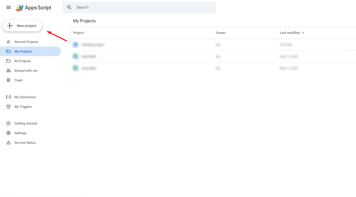 Google Apps Script homepage with the New project button highlighted in the top-left corner