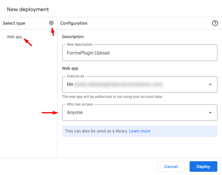 New deployment modal with Web app selected, Description filled in, Execute as set to Me, and Who has access set to Anyone