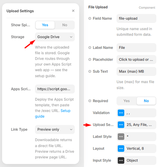 Forms Plugin Upload Settings panel showing Storage set to Google Drive, the Apps Script URL field with a pasted URL, and Link Type set to Preview only