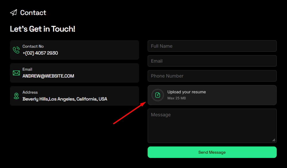 Contact form with a file upload field for uploading resumes