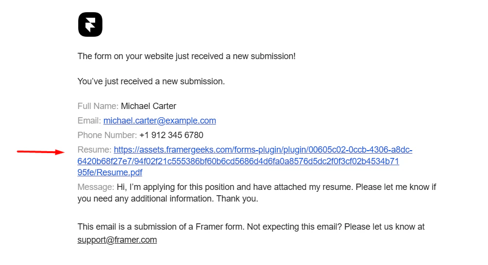 Email notification showing the uploaded file link with a direct download URL