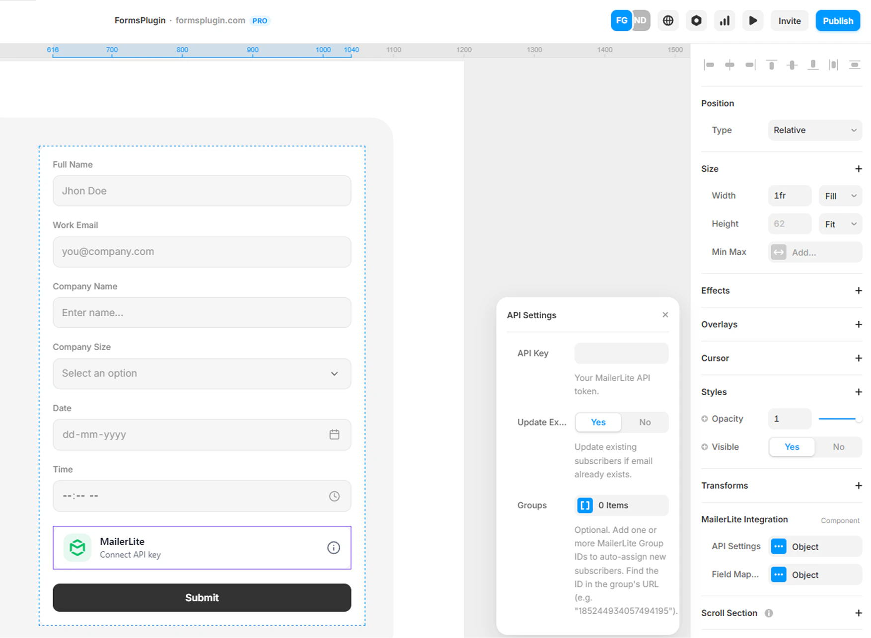 Forms Plugin properties panel for the MailerLite component showing the Group ID field with a sample ID pasted