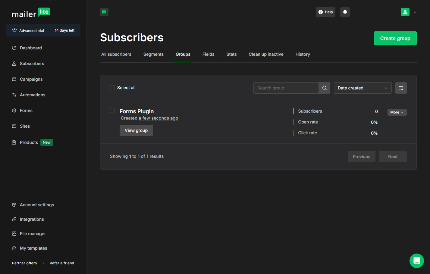 MailerLite Groups page with the Create group button in the top right