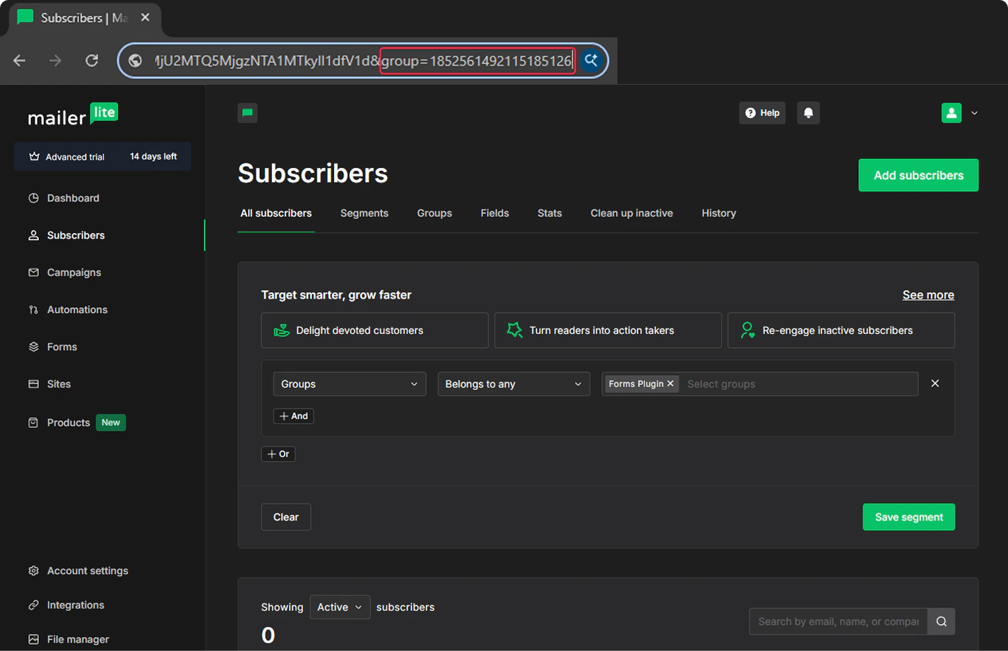 Browser address bar showing the MailerLite group page URL with the group ID highlighted after &group=