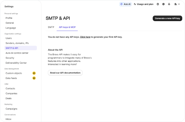Brevo dashboard showing the SMTP & API settings page