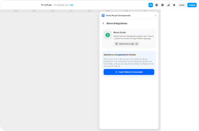 Forms Plugin panel in Framer showing the Brevo Integrations screen with the Insert Brevo Component button