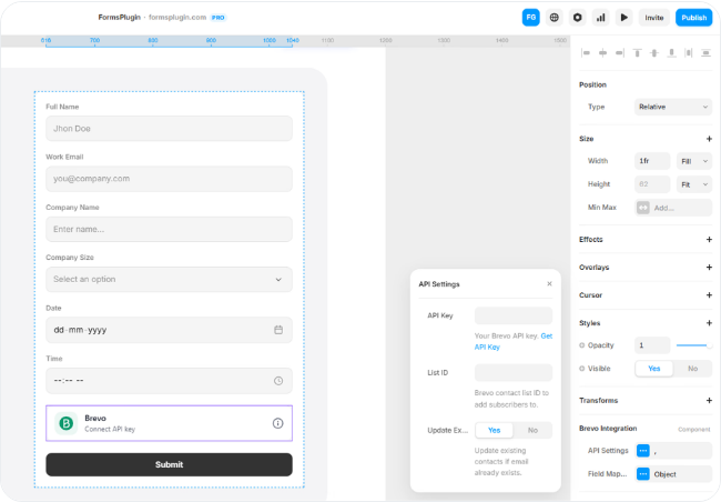 Framer canvas with Brevo component selected showing the API Settings modal