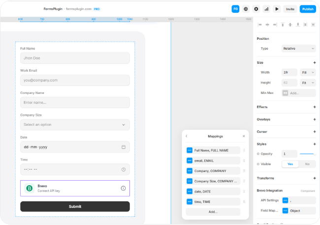 Framer canvas showing the Mappings modal with form fields mapped to Brevo attributes