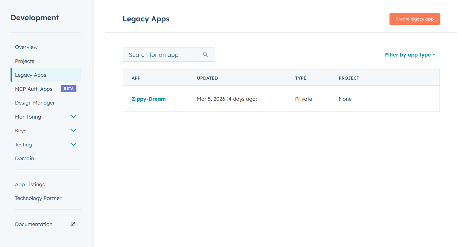 HubSpot dashboard showing the Legacy Private App settings page