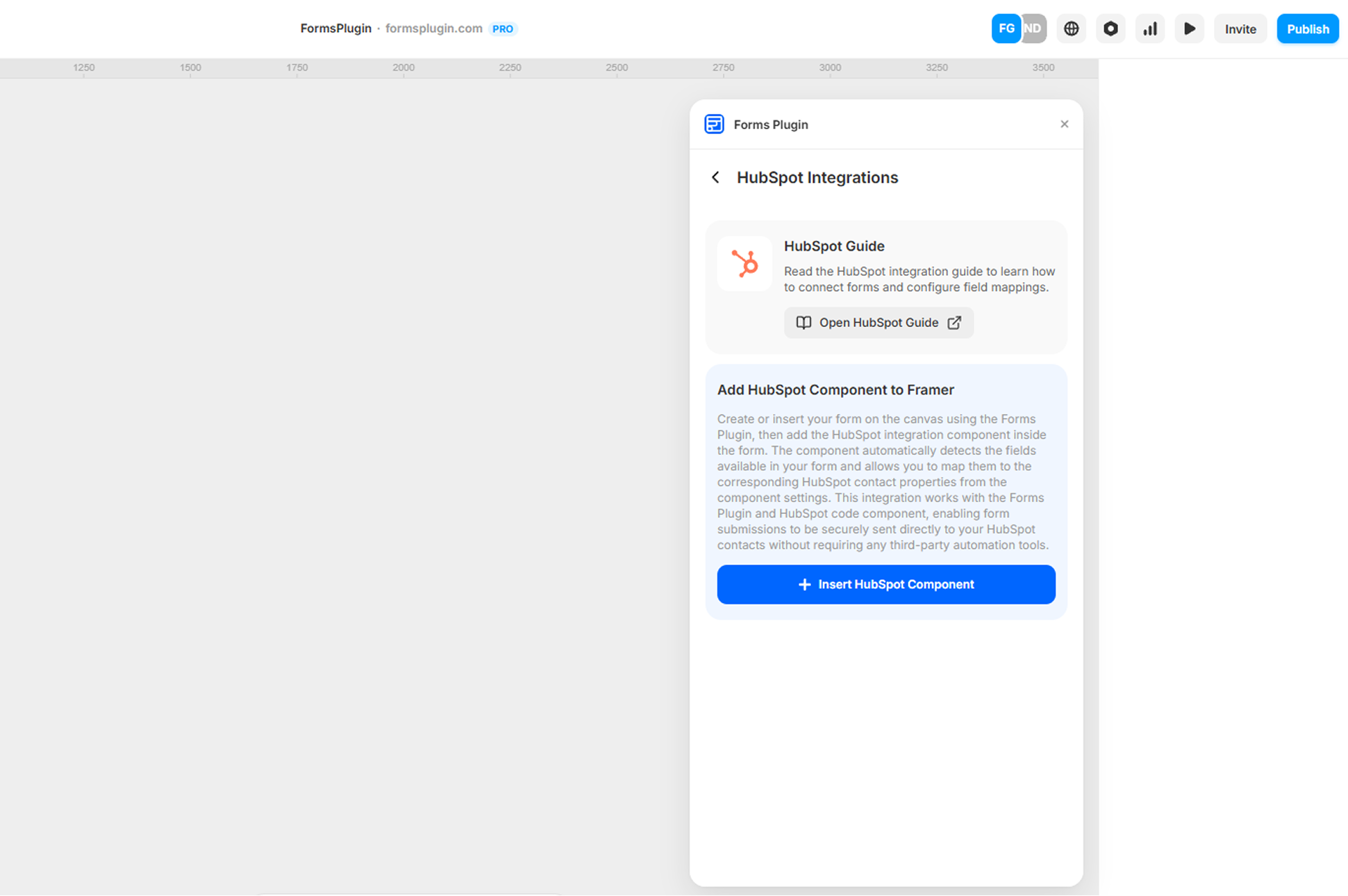 Forms Plugin panel in Framer showing the HubSpot Integrations screen with the Insert HubSpot Component button